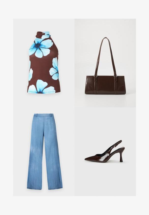 Top marrón sin mangas con cuello alto, decorado con grandes estampados florales azul claro.; Vaqueros de pierna ancha de color azul claro, hechos de mezclilla, con una cintura alta, un ligero desvanecimiento y un dobladillo limpio sin adornos ni bolsillos.; Zapatos de tacón slingback de charol marrón con punta afilada, tacón delgado y correa ajustable con una pequeña hebilla.; Bolso de mano de piel sintética marrón con forma rectangular, dos asas largas y sutiles acentos curvados en la parte delantera.