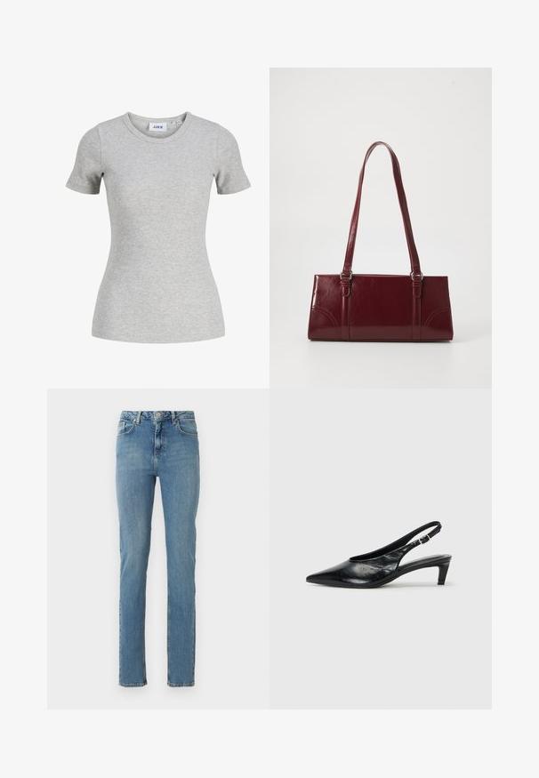 T-shirt femme gris clair à manches courtes en maille côtelée, col rond et silhouette ajustée.; Jean en denim bleu avec une coupe droite, featuring une taille haute, un design classique à cinq poches et une légère décoloration près des cuisses et des genoux.; Escarpin à bride arrière en cuir noir avec un bout pointu, un petit talon et une sangle à boucle réglable. Texture lisse avec un minimalisme dans les détails.; Sac à main bordeaux en matériau brillant, de forme rectangulaire, avec deux anses et des accents légèrement courbés à l'avant.