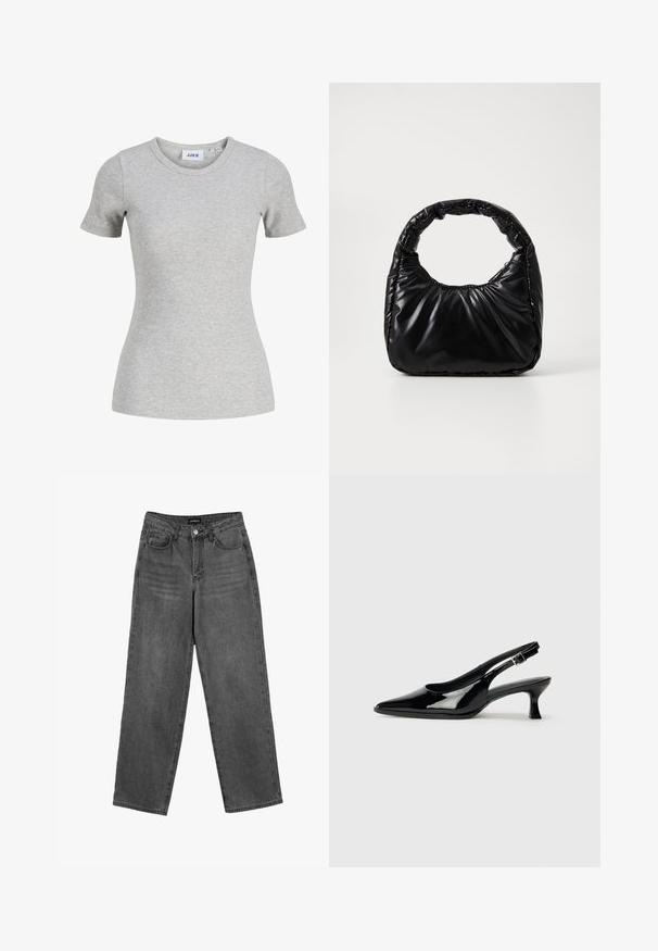 Lichtgrijs, kortemouw geribd gebreid dames t-shirt met ronde halslijn en aansluitende pasvorm.; Zwarte high-waisted straight-leg jeans met een knoop aan de voorkant en zakken, weergegeven op een witte achtergrond.; Zwarte lakleren slingback schoenen met een spitse neus en een lage blokhak. Verstelbare gespband bij de enkel.; Zwarte gevoerde handtas met een ronde handgreep, met een gladde, glanzende oppervlakte en een zachte, gewatteerde textuur. Geen zichtbare metalen onderdelen of accenten.