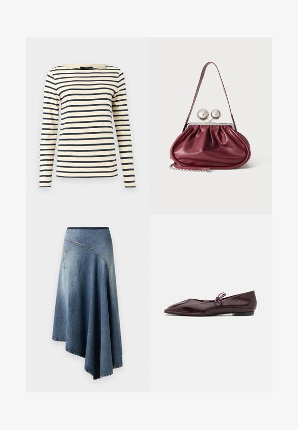 Langærmet cremefarvet skjorte med marineblå horisontale striber, rund halsudskæring og en lige kant.; Denim wrap nederdel i lys til mørk blå gradient, med en broderet blomsterdesign på den ene side og synlige stikninger langs kanterne.; Ballethæle i bordeaux laklæder med spids tå og en dekorativ lilla sløjfe på forfoden; flad såldesign.; Lille bordeaux læderhåndtaske med rynkede detaljer, en tynd rem og en sølvspænde med to store runde knopper.