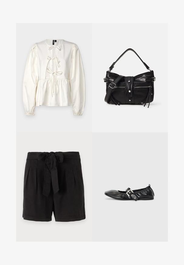 Weiße Bluse mit langen Ärmeln, tailliert, mit Raffungen an den Ärmeln und einem dekorativen Bindeband am Ausschnitt. Weicher, glatter Stoff.; Schwarze Baumwollshorts mit einem Bindegürtel in der Taille, Falten an der Vorderseite und Seitentaschen. Glatte Textur und lässiges Design.; Schwarze Leder-Ballerinas mit spitzem Zehenbereich, gerafften Details am Schaft und einem silbernen Schnallenakzent am verstellbaren Riemen.; Even&Odd by Zalando H24462 - Handtasche - black