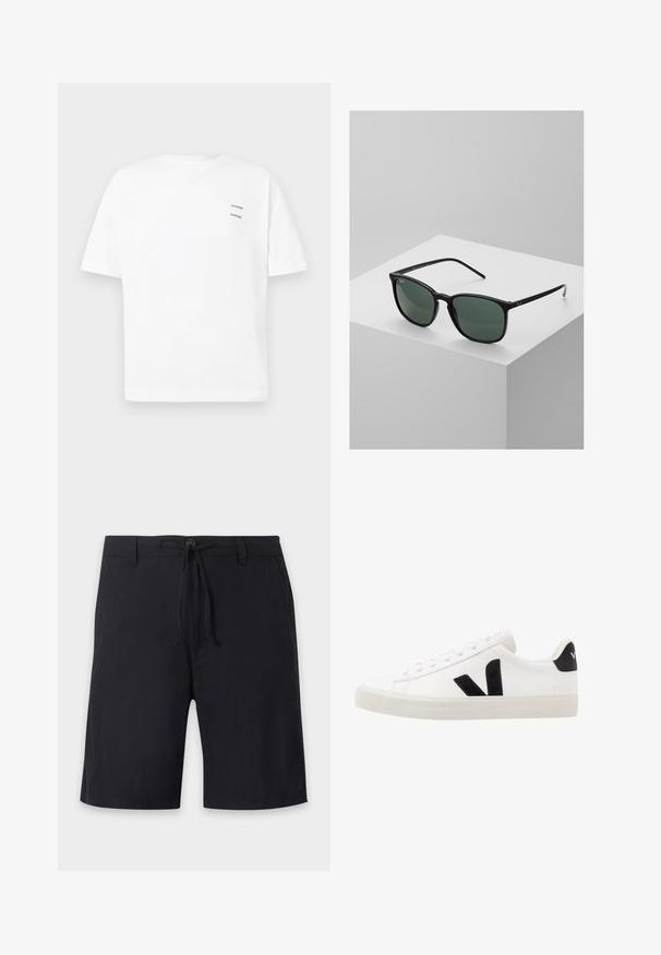 T-shirt blanc en coton avec une coupe décontractée, des manches courtes et un col en V. Présente deux petits logos noirs imprimés sur le côté gauche.; Shorts noirs longueur genoux avec passants de ceinture, fermeture à bouton et cordon ajustable à la taille.; Sneaker blanche en cuir avec des accents en daim noir ; dispose d'une semelle en caoutchouc, d'un bout rond et d'un design classique à lacets. Logo latéral en noir.; Lunettes de soleil rectangulaires noires avec des verres vert foncé, dotées d'une monture en plastique léger et d'accents argentés sur les branches.