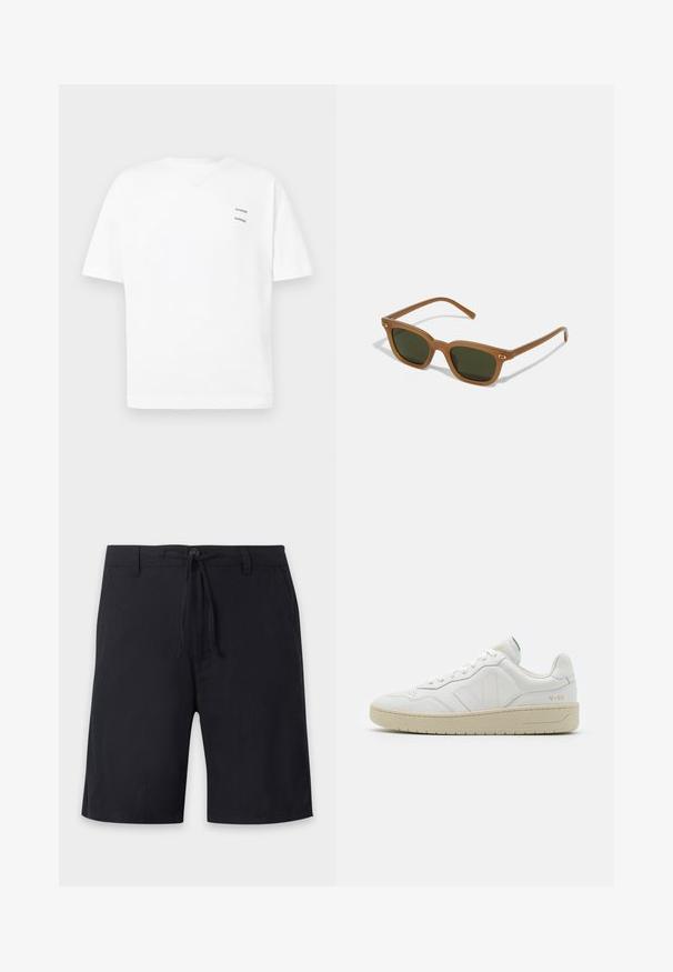 Weißes Baumwoll-T-Shirt mit lässiger Passform, kurzen Ärmeln und V-Ausschnitt. Verfügt über zwei kleine schwarze gedruckte Logos auf der linken Seite.; Schwarze knielange Shorts mit Gürtelschlaufen, Knopfverschluss und verstellbarem Kordelzug in der Taille.; Weiße Leder-Sneaker mit strukturierter Oberfläche und gepolstertem Kragen. Sie verfügen über eine beigen Gummisohle und dezente Markenkennzeichnung an der Ferse und an der Seite.; Braune Acetat-Sonnenbrille mit dunkelgrünen Linsen, rechteckiger Form und goldenen Akzenten an den Bügeln. Glatte Textur, minimalistisches Design.