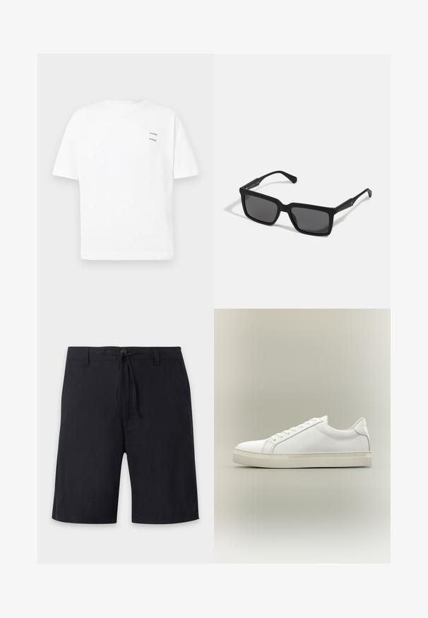 Hvid bomulds t-shirt med en afslappet pasform, korte ærmer og V-udskæring. Har to små sorte trykte logoer på venstre side.; Sorte knælange shorts med bæltestropper, knaplukning og justerbar snøretræk i taljen.; Hvid lavtop sneaker med snørebånd foran og tyk sål, vist fra siden mod en neutral baggrund.; Sorte solbriller med rektangulære linser, mat finish, tykke stel og slanke arme med en subtil brandingdetalje.