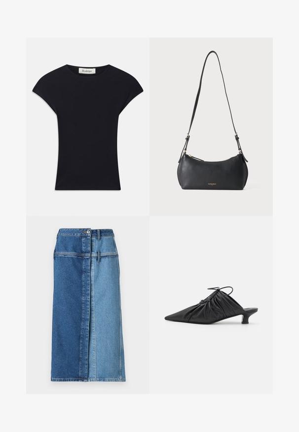 Must have lühikeste varrukate ja pehme riidega must topp, millel on ümar kaelus ja sobiv kuju koos peente õlavarre aktsentidega. Silt on nähtav.; Denim seelik värvi plokiga disainiga, kus ühel poolel on tume sinine ja teisel poolel helesinine, nööbiga kinnitamine ja taskud.; Mustad nahast libisemisega mullingud terava varbaga, volditud tekstuuriga ja väikese kitinõelaga. Omab tõmbluku detaili avas.; Väike must nahast õlakott reguleeritava rihma ja kuldse tõmblukuga, ees tagasihoidliku kuldse bränditekstiga.