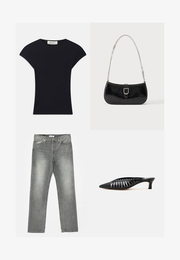 Haut noir à manches courtes en tissu doux, avec un col rond et une coupe ajustée, ornée de légers accents d'épaule. Étiquette visible.; RE/DONE EASY - Jean droit - grigio; Mule en cuir noir avec bout pointu, design découpé à brides et petit talon kitten sur fond blanc.; Sac à épaule en cuir verni noir avec détail de boucle argentée et bandoulière en chaîne argentée, présenté sur un fond uni clair.