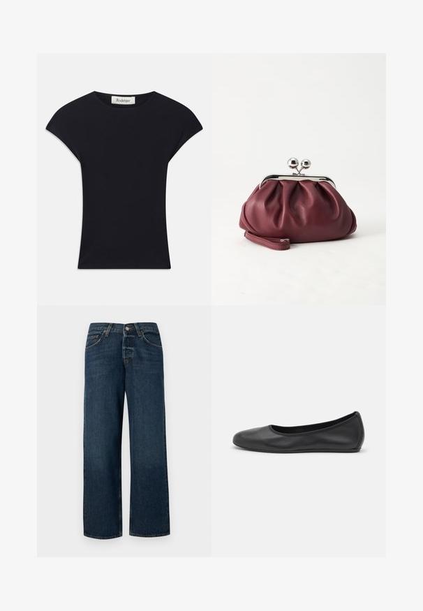 Schwarzes Kurzarmoberteil aus weichem Stoff, mit einem runden Ausschnitt und einer figurbetonten Form, die subtile Schulterakzente setzt. Etikett sichtbar.; Dunkelblaue Jeans aus Denim mit geradem Schnitt, fünf Taschen und Metallbeschlägen. Verfügt über eine leichte Ausbleichung und einen sauberen Saum.; Schwarze Leder-Ballettschuhe mit abgerundeter Spitze, glatter Textur, minimalen Nähdetails und einem flexiblen Sohlen-Design.; Kleine burgunderrote Lederclutch mit silbernem Metallverschluss und Handgelenksriemen auf weißem Hintergrund.
