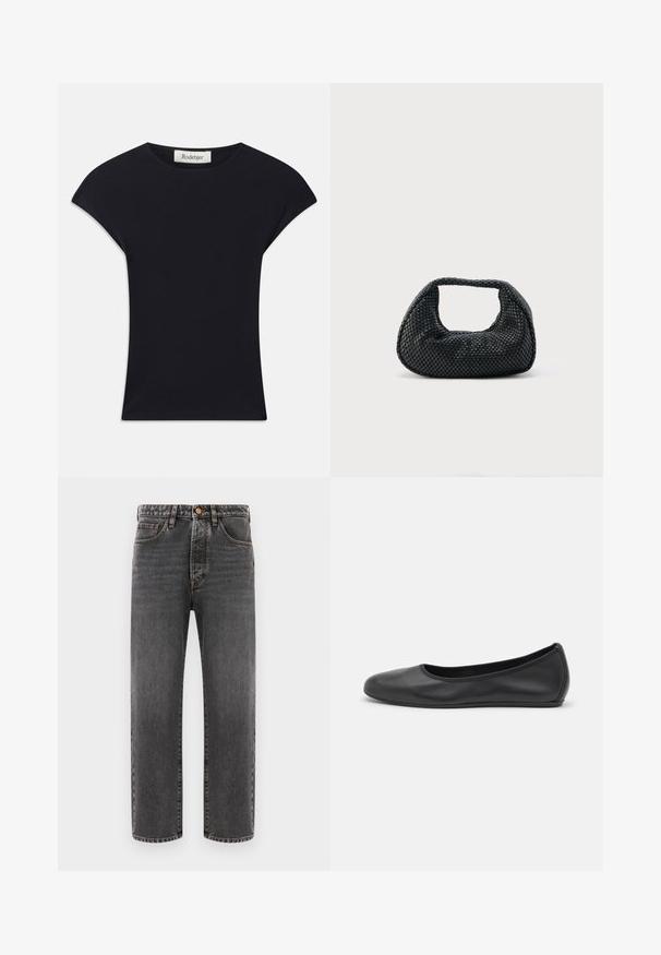 Sort kortærmet top lavet af blødt stof, med rund halsudskæring og en tætsiddende form med diskrete skulderdetaljer. Mærke synligt.; Mørkegrå jeans lavet af denim, med lige ben, fem lommer og synlige stikninger. Knaplukning i taljen.; Sort læderballetsko med rund tå, glat tekstur, minimal syning og et fleksibelt såldesign.; Sort flettet hobo-taske med blød struktur og integreret håndtag, vist på en ensfarvet lys baggrund.