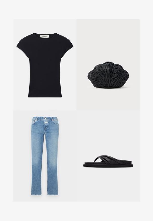 Haut noir à manches courtes en tissu doux, avec un col rond et une coupe ajustée, ornée de légers accents d'épaule. Étiquette visible.; Jean en denim bleu avec une coupe droite, taille mi-haute, cinq poches et un léger délavage sur l'ensemble du tissu.; Sandale plate noire avec bride croisée rembourrée et entre-doigt, design minimaliste sur fond gris clair uni.; Sac à main en osier noir en forme de coquille Saint-Jacques avec un dessus courbé et une texture tressée sur un fond uni.