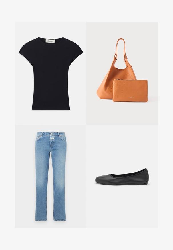 Sort kortærmet top lavet af blødt stof, med rund halsudskæring og en tætsiddende form med diskrete skulderdetaljer. Mærke synligt.; Blå denim jeans med lige ben design, medium taljehøjde, fem lommer og subtil fading i hele stoffet.; Sort læderballetsko med rund tå, glat tekstur, minimal syning og et fleksibelt såldesign.; Orange lædertaske med tekstureret finish og dobbelthåndtag, ledsaget af en matchende lynlåspung. Begge dele er glatte og minimalistiske.