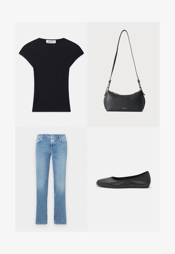 Sort kortærmet top lavet af blødt stof, med rund halsudskæring og en tætsiddende form med diskrete skulderdetaljer. Mærke synligt.; Blå denim jeans med lige ben design, medium taljehøjde, fem lommer og subtil fading i hele stoffet.; Sort læderballetsko med rund tå, glat tekstur, minimal syning og et fleksibelt såldesign.; Lille sort læder skuldertaske med justerbar rem og gyldent lynlås, med subtilt gyldent brandtekst foran.