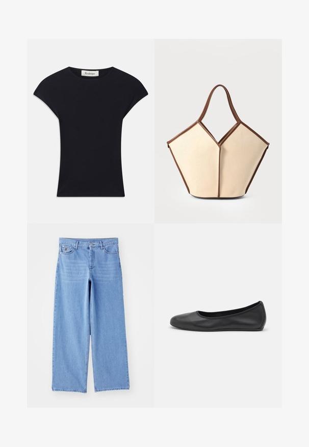 Zwarte korte mouwen top van zacht stof, met een ronde halslijn en een aansluitende vorm met subtiele schouderaccenten. Etiket zichtbaar.; Lichtblauwe wijde jeans van denim, met een klassieke vijf-pocketontwerp en een knoopsluiting. Soepele textuur, rafelige zoom.; Zwarte leren ballerina met een ronde neus, gladde textuur, minimale stikdetails en een flexibele zoolontwerp.; Canvas draagtas met een crèmekleurig lichaam en bruine leren accenten. Het ontwerp heeft een unieke V-vormige opening en twee gebogen handgrepen.