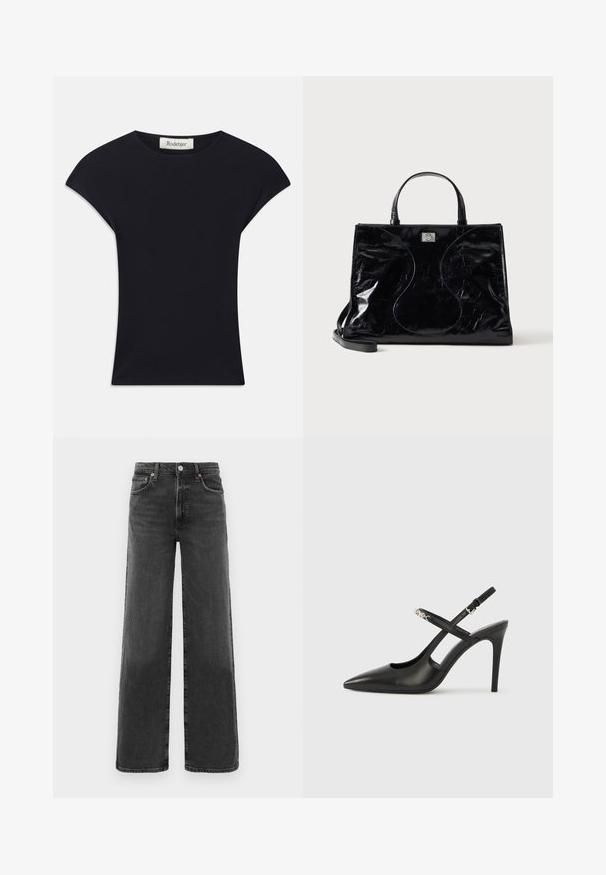 Haut noir à manches courtes en tissu doux, avec un col rond et une coupe ajustée, ornée de légers accents d'épaule. Étiquette visible.; Jean en denim noir taille haute, coupe droite, avec bouton et fermeture éclair à l'avant, deux poches avant et deux poches arrière.; Escarpins slingback en cuir noir avec bout pointu, design ajouré et bride ajustable ornée de ferrures métalliques.; Sac à main en cuir noir brillant avec poignées courtes, bandoulière amovible et détails de couture discrètement courbés à l’avant.