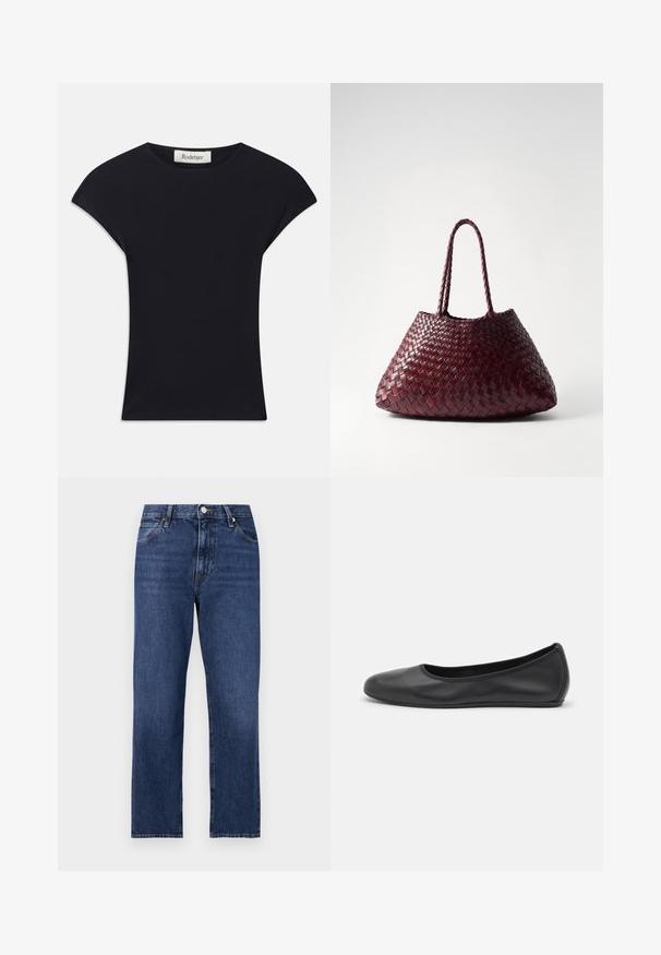 Schwarzes Kurzarmoberteil aus weichem Stoff, mit einem runden Ausschnitt und einer figurbetonten Form, die subtile Schulterakzente setzt. Etikett sichtbar.; Jeans aus Denim in einem dunklen Blauton. Gerades Bein Design mit fünf Taschen, Frontknopfverschluss und kontrastierenden Stickereidetails.; Schwarze Leder-Ballettschuhe mit abgerundeter Spitze, glatter Textur, minimalen Nähdetails und einem flexiblen Sohlen-Design.; DRAGON DIFFUSION SANTA CROCE BIG - Handtasche - bordo