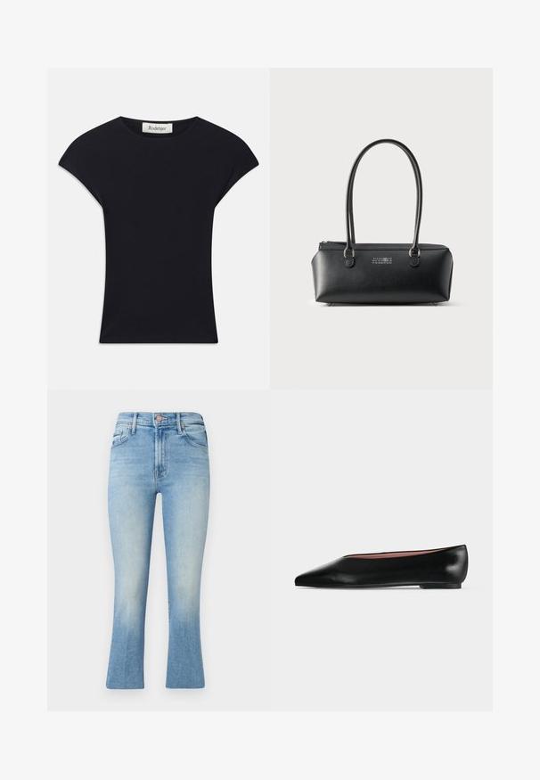 Sort kortærmet top lavet af blødt stof, med rund halsudskæring og en tætsiddende form med diskrete skulderdetaljer. Mærke synligt.; Lyseblå jeans med høj talje, flared ben-design og subtil falmning. Har klassiske lommer og metalknaplukning.; Sort damesko i læder med flad hæl og spids tå, vist fra siden på en ensfarvet lys grå baggrund.; Sort rektangulær læderhåndtaske med to lange håndtag og hvidt numerisk logo placeret centreret foran.