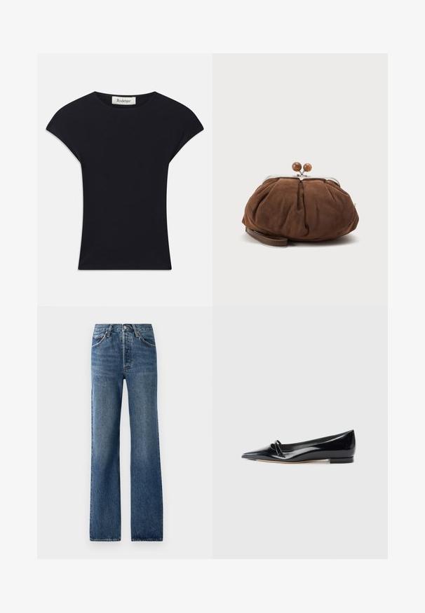 Haut noir à manches courtes en tissu doux, avec un col rond et une coupe ajustée, ornée de légers accents d'épaule. Étiquette visible.; Jean en denim bleu avec une coupe droite, comportant cinq poches, un bouton de fermeture et des effets de décoloration légers avec un léger frottement.; Chaussure plate en cuir verni noir avec un bout pointu, une petite lanière décorative et un petit talon carré. Texture lisse et design épuré.; Petit sac poignet en daim marron doux avec cadre en métal argenté et boules rondes marron de fermeture sur fond clair uni.