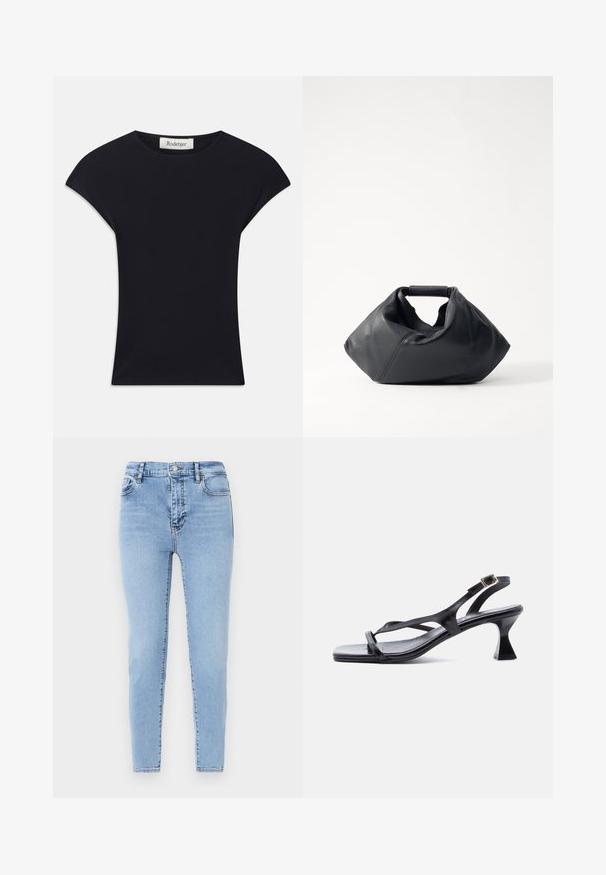 Zwarte korte mouwen top van zacht stof, met een ronde halslijn en een aansluitende vorm met subtiele schouderaccenten. Etiket zichtbaar.; Lichtblauwe, high-waisted jeans met een slim fit. Gemaakt van denim met een subtiele textuur, met een sluiting met knoop aan de voorkant en achterzakken.; Zwarte lederen damessandaal met dunne riempjes, vierkante neus, verstelbare enkelgesp en uitgewerkte hak van gemiddelde hoogte.; Zwarte leren tas met een gestructureerde buitenkant, unieke geplooide vorm en een kort handvat. Voorzien van een enkel hoofdvak.
