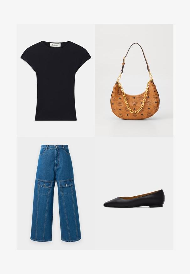 Zwarte korte mouwen top van zacht stof, met een ronde halslijn en een aansluitende vorm met subtiele schouderaccenten. Etiket zichtbaar.; Lichte blauwe denim broek met wijd uitlopende pijpen, hoge taille, zichtbare stiksels en twee met knopen sluitende flapzakken aan elke kant.; Zwarte leren puntschoen met lage hak en gladde afwerking, zijaanzicht op een lichtgrijze achtergrond.; Bruine leren halve maanvormige handtas met zwarte MCM-logo's, gouden kettingdetail en verstelbare schouderband op een witte achtergrond.