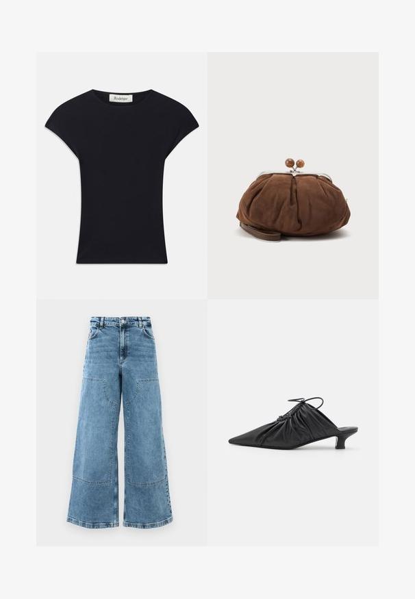 Zwarte korte mouwen top van zacht stof, met een ronde halslijn en een aansluitende vorm met subtiele schouderaccenten. Etiket zichtbaar.; Lichtblauwe denim wijde pijpen jeans met een hoge taille, grote voorkruiden en zichtbare stiksels. Beschikt over een klassieke vijf-pocketontwerp.; Zwarte leren instappers met een spitse neus, gegatherde textuur en een kleine kittenhiel. Heeft een trekkoorddetail aan de opening.; Zachte bruine suède polstasje met zilverkleurige metalen frame en ronde bruine sluitknopjes op een effen lichte achtergrond.