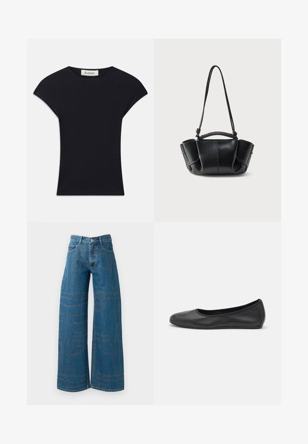 Top negro de manga corta hecho de una tela suave, con un escote redondeado y una forma ajustada con sutiles acentos en los hombros. Etiqueta visible.; Vaqueros de pierna ancha en denim azul medio con patrones de costura en contraste y múltiples diseños de bolsillos. Cintura alta con cierre de botón.; Bailarina de piel negra con punta redondeada, textura suave, detalle de costura minimalista y diseño de suela flexible.; Bolso de mano de cuero negro con una silueta curva, lados reunidos, asa trenzada y una correa larga y delgada sobre un fondo blanco.