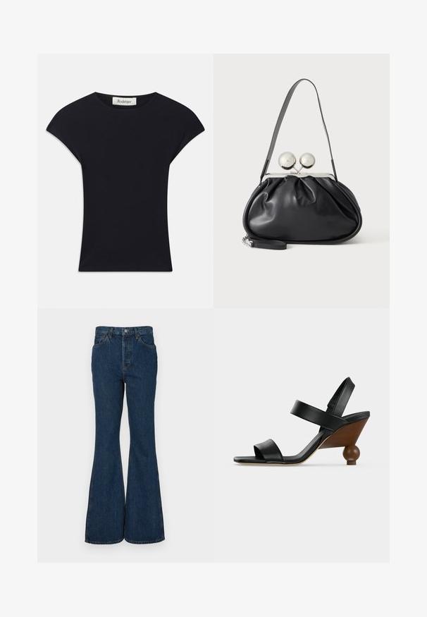 Haut noir à manches courtes en tissu doux, avec un col rond et une coupe ajustée, ornée de légers accents d'épaule. Étiquette visible.; Jeans évasés bleu foncé en denim. Dotés d'une taille haute, de cinq poches et d'une couture contrastante. Texture lisse et finition soignée.; Sandale noire en cuir à bout ouvert avec deux brides et un talon compensé en bois avec une base ronde en forme de boule.; Sac à main en cuir noir avec un design plissé, une sangle unique, un cadre métallique argenté et deux grandes fermoirs ronds en argent.