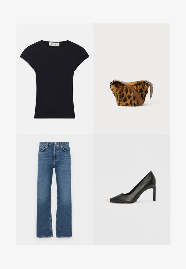 Sort kortærmet top lavet af blødt stof, med rund halsudskæring og en tætsiddende form med diskrete skulderdetaljer. Mærke synligt.; Blå jeans lavet af denim, med en lige ben design, fem lommer, en knaplukning og subtile slidte områder på lårene.; Sort læder højhælet sko med spids tå og metal-sølv hætte. Har en glat finish og en slank hæl på 10 cm.; Leopardmønstret faux fur taske med en brun læderrem, der har en rund form og guldbelægning.