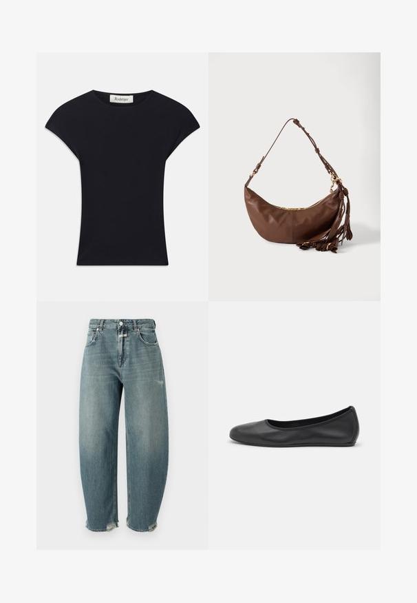 Schwarzes Kurzarmoberteil aus weichem Stoff, mit einem runden Ausschnitt und einer figurbetonten Form, die subtile Schulterakzente setzt. Etikett sichtbar.; CLOSED JAZZIE - Baggy Jeans - mid blue; Schwarze Leder-Ballettschuhe mit abgerundeter Spitze, glatter Textur, minimalen Nähdetails und einem flexiblen Sohlen-Design.; Braune Lederschultertasche in Halbmondform mit goldenem Reißverschluss und mehreren Ledertasseln, die am Riemen vor weißem Hintergrund hängen.