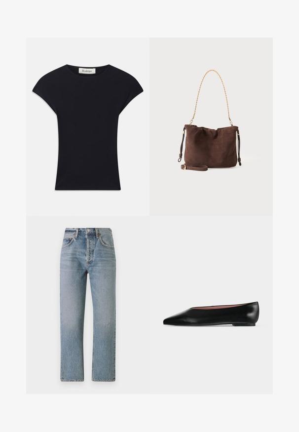 Zwarte korte mouwen top van zacht stof, met een ronde halslijn en een aansluitende vorm met subtiele schouderaccenten. Etiket zichtbaar.; Lichtblauwe denim jeans met een rechte pasvorm, hoge taille en een klassiek vijf-pocketontwerp. Heeft subtiele vervaging en een ritssluiting.; Zwarte leren damesschoen met platte zool, puntige neus en lage hak, zijwaarts afgebeeld tegen een effen lichtgrijze achtergrond.; Zachte bruine suède handtas met een gouden ketting schouderriem en een extra verstelbare leren riem op een egale lichte achtergrond.