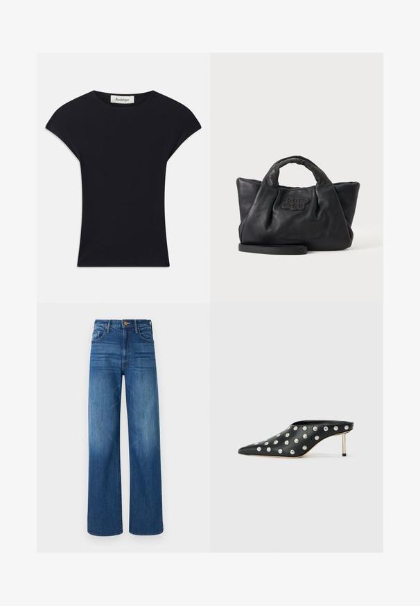 Sort kortærmet top lavet af blødt stof, med rund halsudskæring og en tætsiddende form med diskrete skulderdetaljer. Mærke synligt.; Mother THE LASSO SNEAK - Jeans Relaxed Fit - dark blue denim; STAND STUDIO KELSEY - Mules med hæl - black; Sort blødt læderhåndtaske med korte håndtag, en aftagelig rem og et syet logo foran, på en ensfarvet lys baggrund.