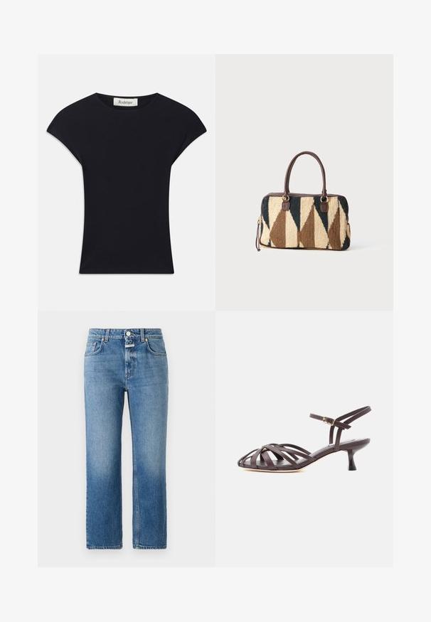 Sort kortærmet top lavet af blødt stof, med rund halsudskæring og en tætsiddende form med diskrete skulderdetaljer. Mærke synligt.; CLOSED MILO - Jeans Straight Leg - mid blue; Mørkebrun læder sandal med smalle remme, kitten heel og justerbar ankelrem med spænde på hvid baggrund.; Rektangulær taske med brune læderhåndtag, geometrisk strikmønster i beige, mørkebrun og sort samt lynlåslukning på hvid baggrund.