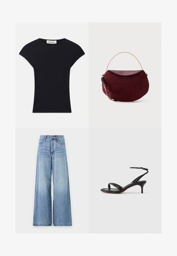 Haut noir à manches courtes en tissu doux, avec un col rond et une coupe ajustée, ornée de légers accents d'épaule. Étiquette visible.; Jean large bleu clair en denim. Présente une taille haute, de grandes jambes évasées et un style classique à cinq poches avec quincaillerie en métal.; Sandale pour femme en cuir noir avec fines lanières, une boucle d'orteil, une boucle à la cheville et un talon aiguille de hauteur moyenne sur un fond neutre.; Sac à main en forme de croissant en daim rouge foncé avec rabat en cuir lisse, poignée en chaîne dorée et bandoulière en cuir réglable sur fond blanc.