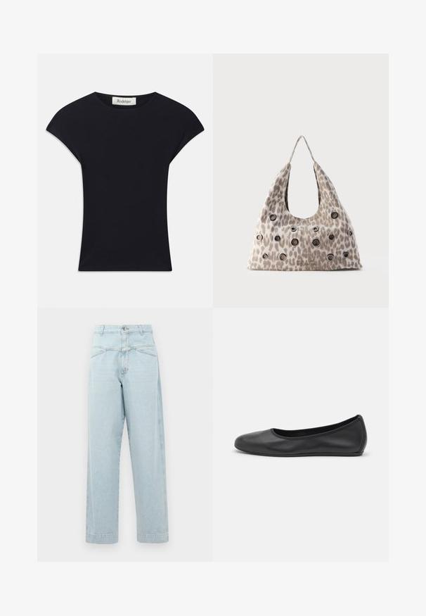 Zwarte korte mouwen top van zacht stof, met een ronde halslijn en een aansluitende vorm met subtiele schouderaccenten. Etiket zichtbaar.; Lichtblauwe high-waisted jeans met een recht gesneden ontwerp, voorzien van subtiele stiksels, twee vo pockets en een metalen knoopsluiting.; Zwarte leren ballerina met een ronde neus, gladde textuur, minimale stikdetails en een flexibele zoolontwerp.; Beige handtas met luipaardprint, zwarte metalen oogjes verspreid over de voorkant en een enkele topgreep, tegen een effen achtergrond.