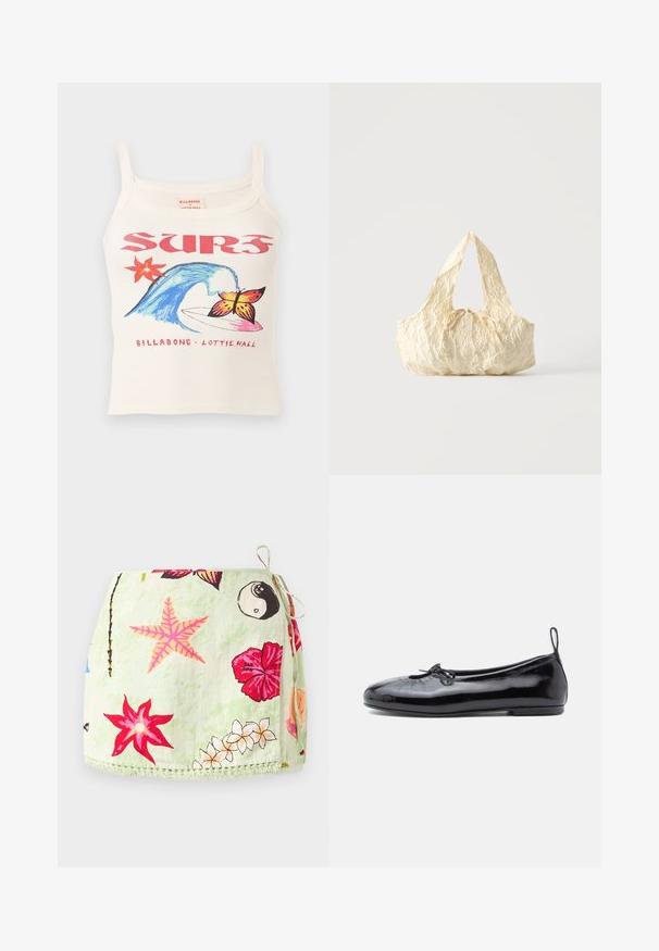 Débardeur blanc avec texte rouge "SURF", vague bleue, étoile de mer orange, papillon sur une planche de surf et marquage "Billabong x Lottie Hall".; Jupe portefeuille vert clair avec lien sur le côté, ornée d’imprimés d’étoiles de mer roses, de fleurs d’hibiscus rouges, de plumerias blancs et du symbole yin-yang.; Ballerine en cuir verni noir avec un bout rond, un petit nœud décoratif et une texture lisse ; présente une semelle plate basse et une languette au talon.; Sac à main en tissu texturé couleur crème avec des anses sur le dessus et un petit nœud noué au centre devant.