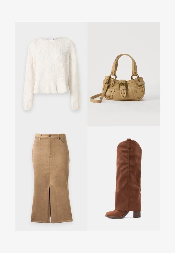 Pull blanc à manches longues en tricot avec un motif en dentelle florale et un ourlet légèrement évasé, présenté sur un fond neutre.; Jupe midi en daim marron avec fente avant, couture contrastante et design à cinq poches. Texture lisse et forme ajustée.; Botte hauteur genou en suède marron avec un talon épais empilé et une languette à l'extrémité, sur fond blanc.; Sac à main en cuir beige avec double poignées, boucle en laiton et détails rivetés, ainsi qu'une bandoulière réglable sur fond blanc.