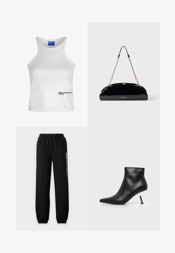 Hvid ærmeløs crop top med høj hals og "Karl Lagerfeld Jeans" logo nederst til højre foran.; Sorte sweatpants med elastisk talje, justerbar snor og tætsiddende manchetter. Har et hvidt logo trykt på venstre side.; Sort læder ankelstøvle med spids tå og en blank sølv stilethæle på en hvid baggrund.; Sort blank skuldertaske med sølvkæde og lille KARL LAGERFELD-logo foran, mod en ensartet lys baggrund.
