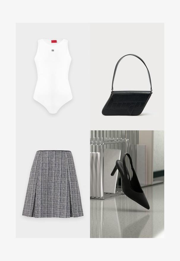 Hvid ærmeløs tætsiddende bodysuit med rund halsudskæring og lille sort "HUGO"-logo på brystet, rød brandlabel indeni kraven.; Marineblå tweednederdel med et struktureret mønster, flagrende silhuet og plisseringer. Livremmen er sort, hvilket fremhæver nederdelens design.; Sort spids tå slingback højhælet sko svævende i luften over en skinnende gulv med stablede ringbind i baggrunden.; Sort skuldertaske i læder med trekantet form, præget logo og en enkelt justerbar rem. Minimalistisk design med glat tekstur.