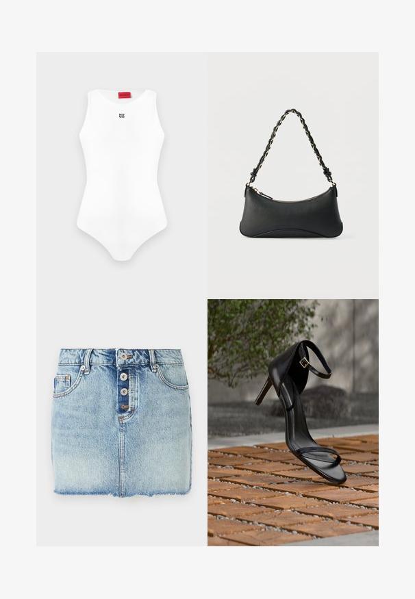 Body blanc sans manches, ajusté, avec encolure ronde et petit logo noir "HUGO" sur la poitrine, étiquette de marque rouge à l'intérieur du col.; Mini-jupe en jean bleu clair avec fermeture à boutons sur le devant, passants pour ceinture et ourlet brut.; Sandale noire à talon haut avec sangle à la cheville, suspendue au-dessus d'un sol en carreaux de bois à l'extérieur, avec un arrière-plan flou de verdure et de pierre.; Sac à bandoulière en cuir noir de forme rectangulaire incurvée, avec une chaîne dorée tissée dans la bandoulière noire tressée et une fermeture éclair sur le dessus.
