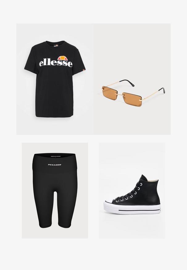 Must musta t-särk, mis sisaldab suurt valget "ellesse" logo ning oranži ja kollast aksenti teksti kohal. Lühikesed varrukad ja ümmargune kaelus.; Mustad must sportlikud lühikesed püksid, mis on valmistatud venivast kangast, esipoolt kõrge vöökoht ja valge logo "PEGADOR".; Mustad kõrge säärega vabaajajalats valge varbakorgi ja tallaga, hõljumas betoonastmete kohal linnakeskkonnas õues.; Ristkülikukujulised pruunikate läätsedega päikeseprillid õhukeste kuldse metallraami ja mustade otsikutega sangadega, mis on valgel pinnal.