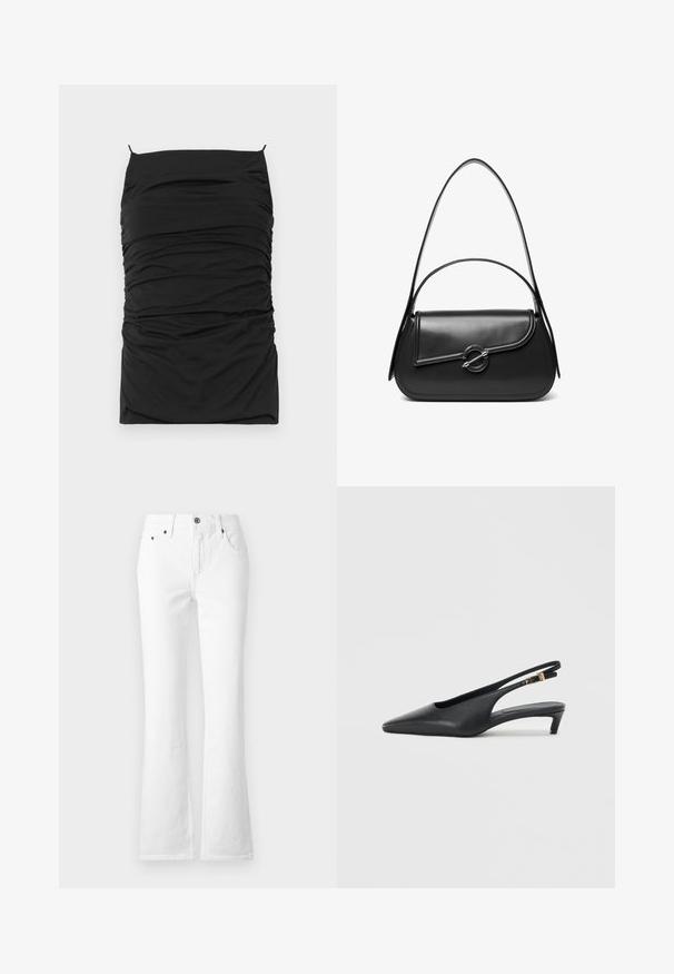 Schwarzes Bodycon-Kleid mit gerüschter Textur, versehen mit einem geraden Ausschnitt und dünnen verstellbaren Trägern. Weicher Stoff für Komfort und Passform.; Weiße, ausgestellte Jeans aus Denim mit hoher Taille, fünf Taschen und einem Knopfverschluss. Der Stoff hat eine glatte Textur mit sichtbaren Nähten.; Schwarze Slingback-Pumps mit spitzer Zehe, glatter Lederoberfläche, niedrigem Kitten-Absatz und einem Riemen mit einem metallenen Schnallenakzent.; Schwarze Lederschultertasche mit einer geschwungenen Klappe, die durch einen runden Metallverschluss gesichert ist, und einem schlanken, verstellbaren Riemen.