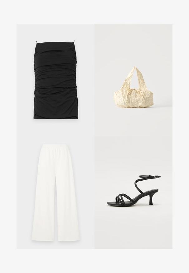 Robe noire moulante avec texture froncée, dotée d'un décolleté droit et de fines bretelles réglables. Tissu doux pour le confort et l'ajustement.; Pantalons larges en tissu blanc léger et doux. Dotés d'une taille élastique pour le confort et d'une texture lisse sans motifs visibles.; Even&Odd Wide Fit Sandales - black; Sac à main en tissu texturé couleur crème avec des anses sur le dessus et un petit nœud noué au centre devant.