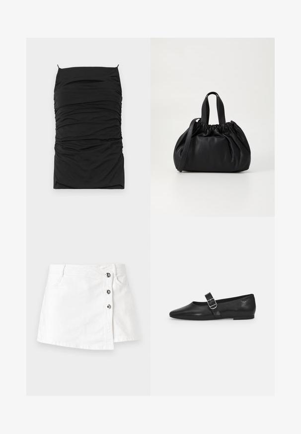 Μαύρο bodycon φόρεμα με ρινιστή υφή, με ίσια λαιμόκοψη και λεπτές ρυθμιζόμενες τιράντες. Μαλακό ύφασμα για άνεση και καλή εφαρμογή.; Λευκή τζιν μίνι φούστα με ίσια γραμμή, διαθέτει πλάγιο κλείσιμο με τέσσερα μεταλλικά κουμπιά και διακριτό ρολάρισμα στο μέρος της. ; Μαύρο δερμάτινο φλατ παπούτσι με στρογγυλή μύτη, μία ρυθμιζόμενη αγκράφα και λεία, γυαλιστερή υφή. Μινιμαλιστικός σχεδιασμός με χαμηλό τακούνι.; Μαύρη δερμάτινη τσάντα χειρός με σχεδίαση μαζεμένου κορυφής, διαθέτει δύο κοντές λαβές και μία μακριά ρυθμιζόμενη αλυσίδα. Λείος υφή, στρογγυλή μορφή.