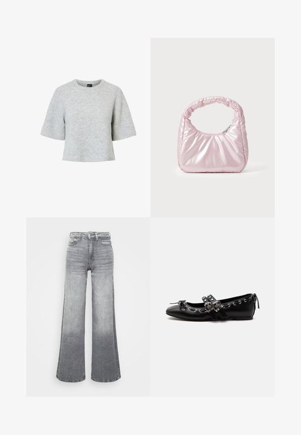 Grå kortærmet trøje lavet af tekstureret strikket stof med rund halsudskæring og et cropped design. Ingen synlige mønstre eller detaljer.; Grå denim brede ben jeans med en lys til mørk gradient, der har høj talje, fem lommer og en klassisk knaplukning.; Sort flad balletsko med dobbelt spænde, sølvøjer og en lille sløjfe nær den runde tå på en hvid baggrund.; Rosa, polstret håndtaske med afrundet design, lavet af skinnende materiale. Har et samlet håndtag og en lynlås til sikker adgang.