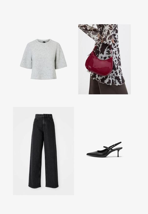 Grå kortærmet trøje lavet af tekstureret strikket stof med rund halsudskæring og et cropped design. Ingen synlige mønstre eller detaljer.; Sorte højtaljede brede bukser lavet af denim, præget af et klassisk fem-lomme design og subtile syninger.; Sorte læder slingback hæle med spids tå, slank justerbar rem og en stiletto hæl på cirka 5 cm, glat tekstur.; Kvinde iført en sort- og hvidmønstret bluse, der holder en blank rød skuldertaske mod en ensfarvet baggrund.