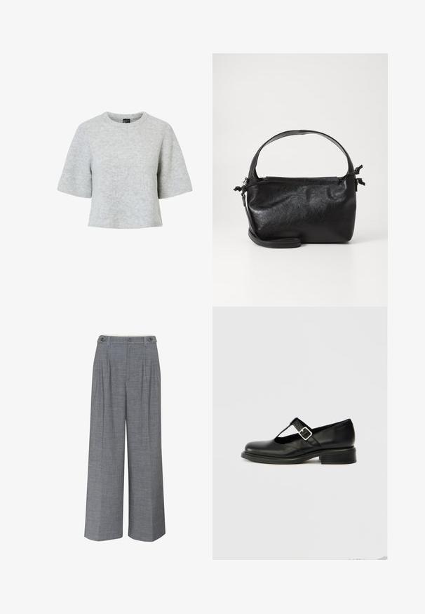 Grå kortærmet trøje lavet af tekstureret strikket stof med rund halsudskæring og et cropped design. Ingen synlige mønstre eller detaljer.; Grå bukser med bred benåbning lavet af tekstureret stof, der har dobbelt knaplukning og frontfolder for ekstra designdetaljer.; Sort Mary Jane-sko i læder med rund tå, T-remdesign, justerbar spænde og lav stablet hæl. Glat tekstur med minimal detaljering.; Sort læderhåndtaske med et struktureret design, rund tophåndtag og aftagelig skulderrem. Den har en glat tekstur og en subtil glans.