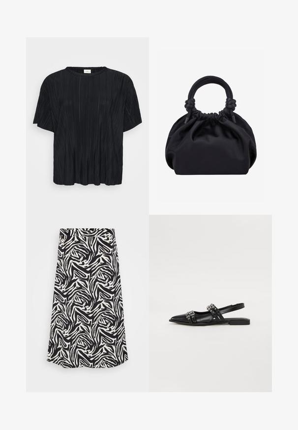 Schwarzes, kurzärmliges Top mit einer weichen, gefalteten Textur und einem runden Halsausschnitt, vor einem weißen Hintergrund präsentiert.; Schwarzer und weißer Rock mit einem wirbelnden Zebra-Muster, mit geradem Schnitt und Saum. Hergestellt aus einem glatten, leichten Stoff.; Even&Odd by Zalando Sling-Ballerina - black; Schwarze weiche Stoffhandtasche mit gerafftem oberen Rand und runden, gepolsterten Griffen, die auf jeder Seite mit Knoten gebunden sind.