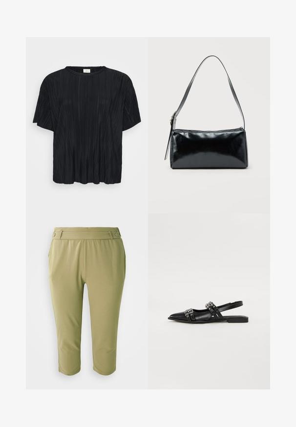 Must must, lühikeste varrukatega topp, millel on pehme volditud tekstuur ja ümar kaelus, esitatud valge tausta ees.; Khaki lühikesed püksid, mis on valmistatud siledast kangast, millel on lame esiosa vöökoht, nööpide detailid ja küljetaskud.; Even&Odd by Zalando Kannarihmaga baleriinad - black; Must ristkülikukujuline õlakott ühe reguleeritava rihmaga ja ülemise tõmblukuga, ühtlase taustaga.