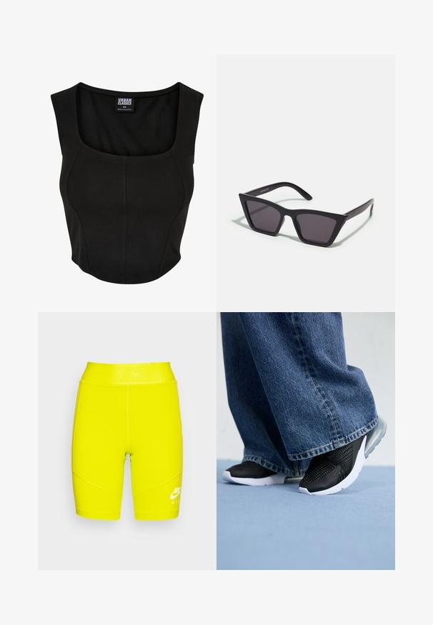 Sort cropped tank top med rund halsudskæring, lavet af glat, strækbart stof. Har et tætsiddende design og minimale sømme.; Gule højtaljede atletiske shorts lavet af strækbart materiale, med hvidt Nike-logo og tekst på linningen, samt detaljerede søm mønstre.; Sorte atletiske sko med mesh-detaljer, hvid sål og synlig luftpolstring, parret med blå denim bukser med vide ben.; Sorte, kantede solbriller med grå linser; lavet af plast, med tykke stænger med en glat overflade og ingen synlig hardware.