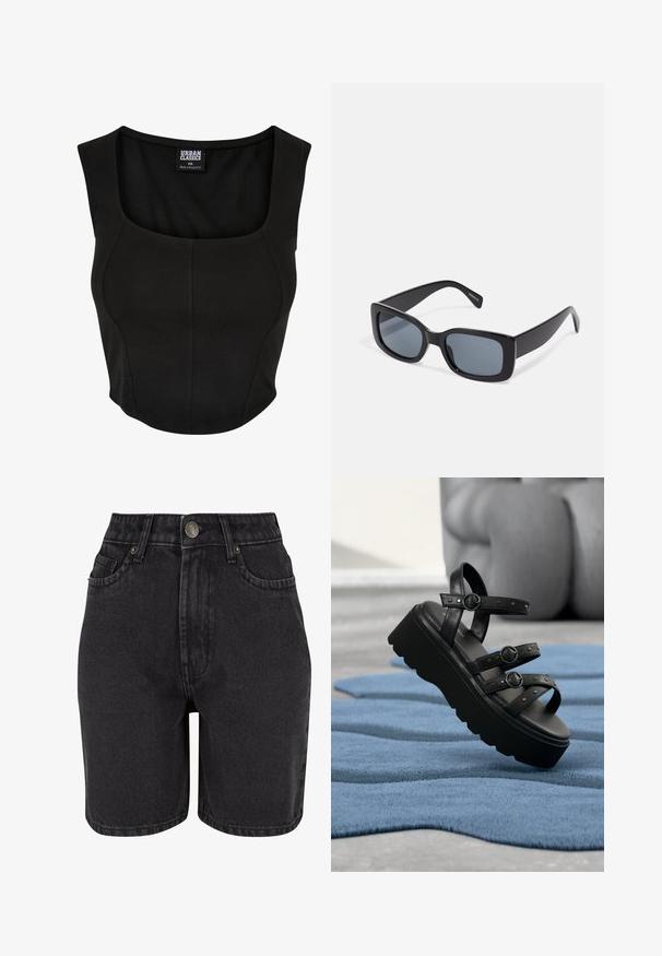 Schwarzes, kurzes Tanktop mit Rundhalsausschnitt, aus glattem, dehnbarem Stoff. Verfügt über ein enges Design und minimale Nähte.; Schwarze Denim-Shorts mit hoher Taille, Fünf-Taschen-Design und Metallknopfverschluss. Der Stoff hat eine glatte Textur mit dezentem Verblassen.; Schwarze Plateausandale mit drei verstellbaren Riemen und Schnallen, platziert auf einem strukturierten blauen Teppich mit unscharfem Hintergrund.; Schwarze rechteckige Sonnenbrille mit dunkel getönten Gläsern, dickem Kunstrahmen und breiten Bügeln. Glatte Oberfläche und kantiges Design.