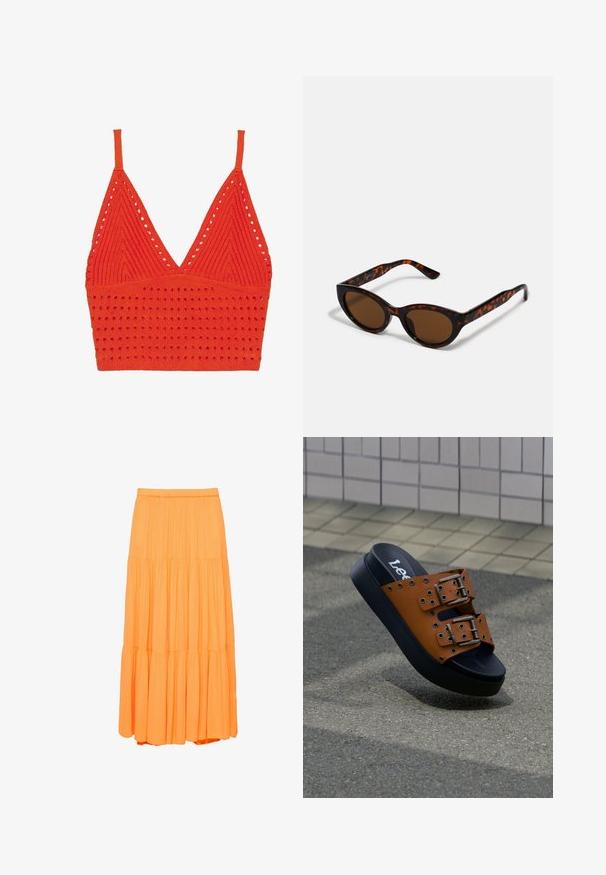 Haut de bikini en tricot rouge avec un décolleté en V, de fines bretelles, un motif texturé avec des trous, et une bande ajustée en bas.; Jupe longue orange à plusieurs volants avec une ceinture élastique et des panneaux de tissu froncés créant une silhouette fluide.; Sandale à glissière en cuir marron avec deux brides à boucles métalliques et une semelle épaisse noire sur une surface extérieure carrelée.; Lunettes de soleil en écaille de tortue marron avec une forme vintage de lunettes cat-eye et des verres marron. Présente des branches courbées avec des accents rouges.