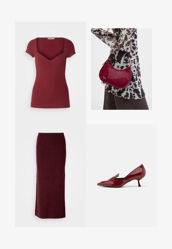 Top bordeaux côtelé au design ajusté, à manches courtes et décolleté en V profond. Fabriqué en tissu doux, avec une texture lisse.; Jupe maxi en laine bordeaux avec une silhouette ajustée, une texture lisse et un ourlet droit. Sans fermetures ou embellissements visibles.; Talons escarpins en cuir verni rouge avec un bout pointu, un design sans lacets, et un petit talon aiguille. Texture lisse avec une silhouette élégante.; Femme portant un chemisier à motif noir et blanc tenant un sac à main rouge brillant sur un fond uni.
